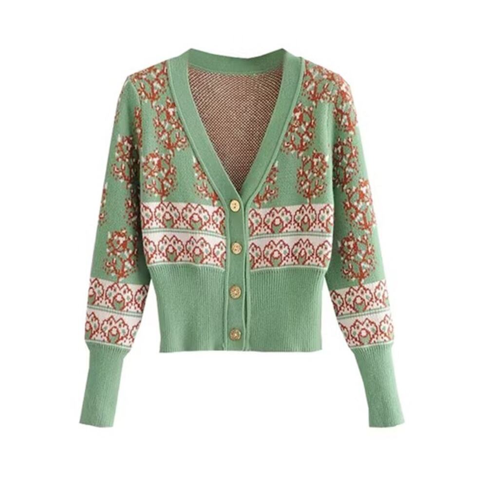 Rihoas Green Patterned Knit Cardigan – Size Small – New With Tags